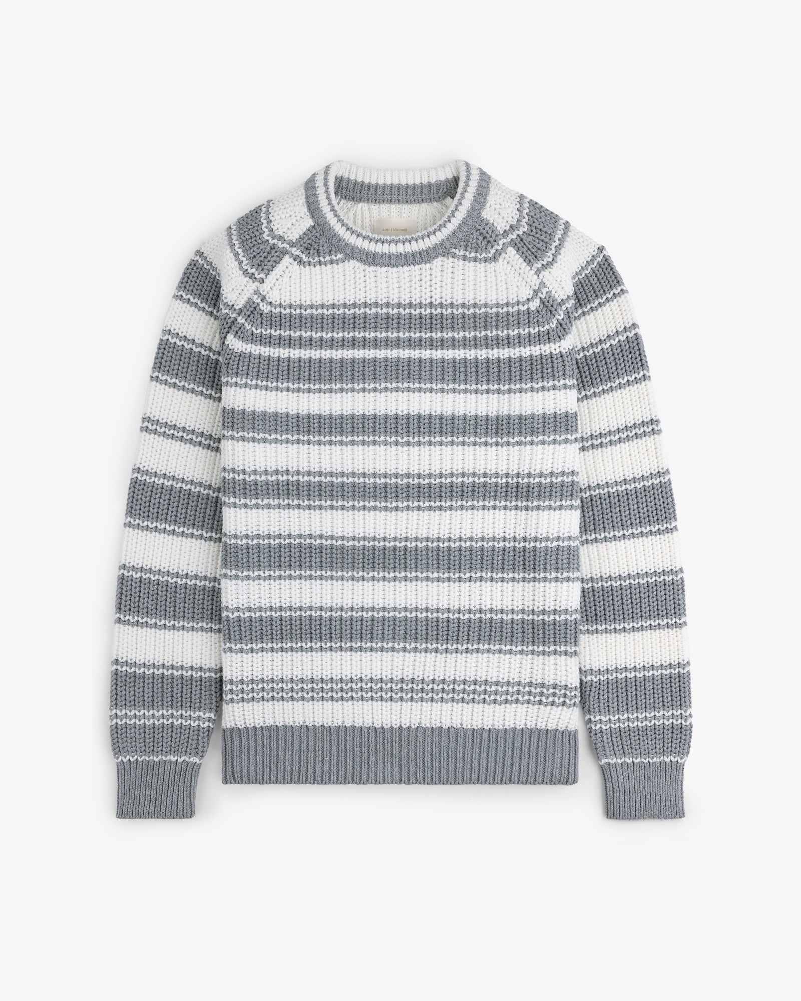 Striped Crewneck Sweater in gray and white with long sleeves and ribbed cuffs, hem, and neckline laid flat.