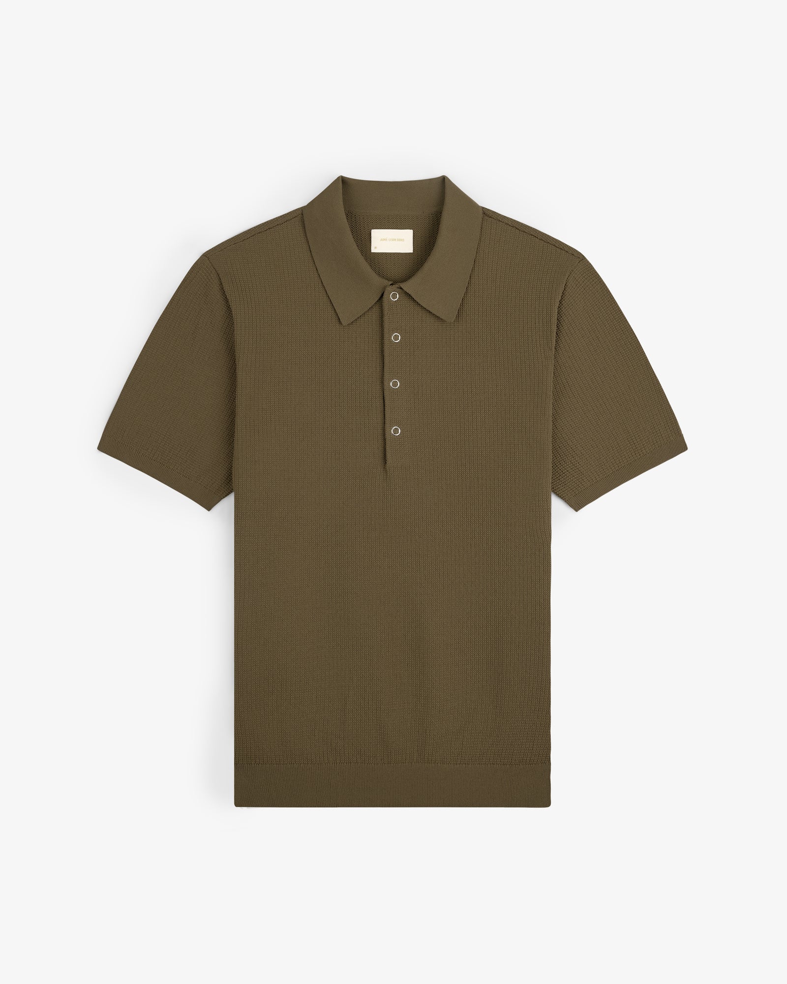 Olive green Knit Polo with short sleeves, collar, and three buttons shown laid flat on a white background.