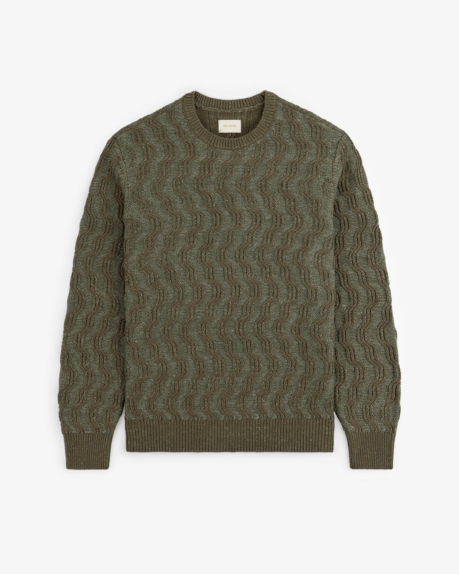 Olive green Linen Blend Cable Knit Sweater with a wavy knit pattern, shown flat on a white background.