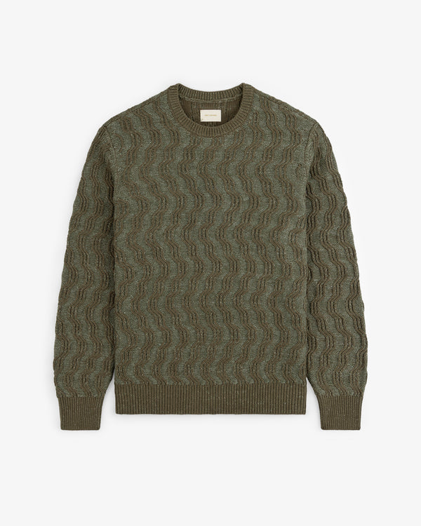 Olive green Linen Blend Cable Knit Sweater with a wavy knit pattern, shown flat on a white background.