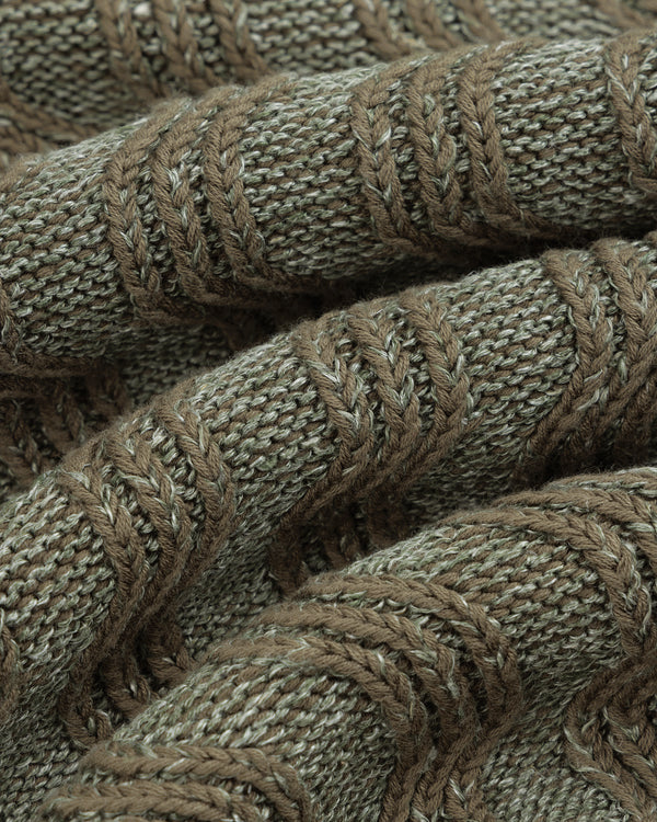 Close-up of the Linen Blend Cable Knit Sweater’s textured brown and olive green knit with raised cable patterns.