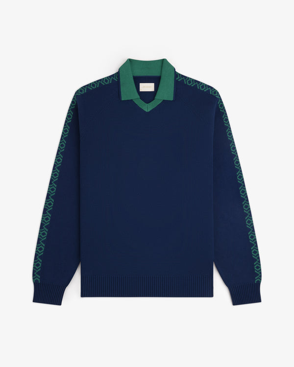 Knit Sport Pullover: Navy blue sweater with green collar and patterned green details on shoulders and sleeves.