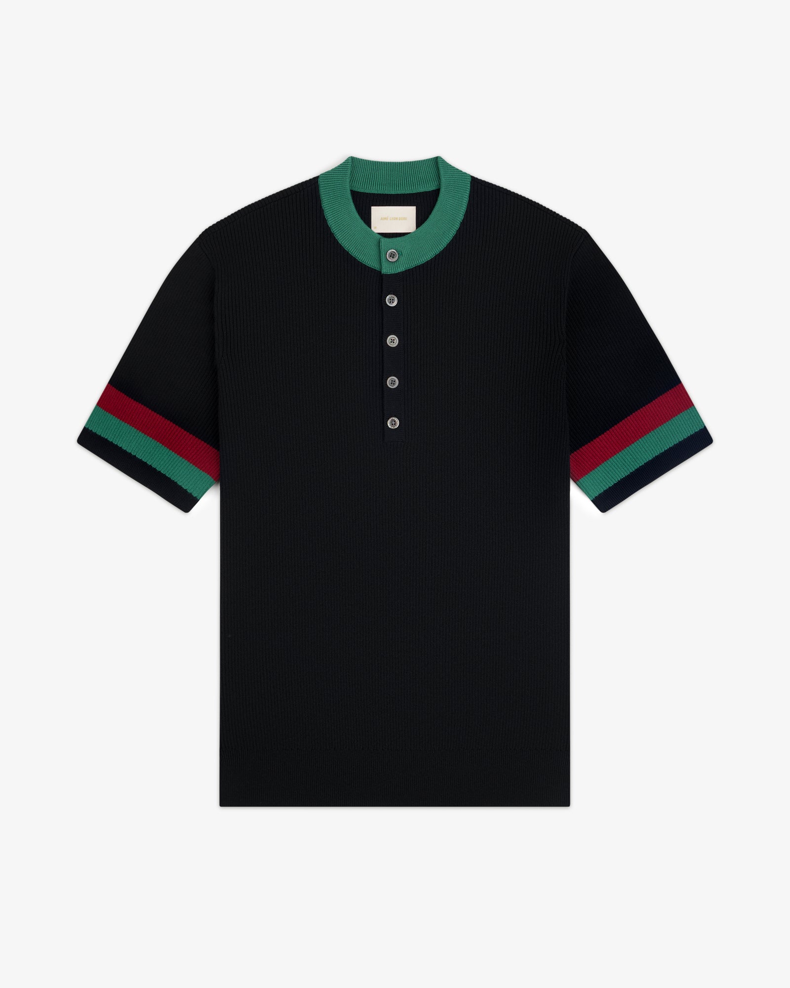 Sport Knit Henley—black short-sleeve shirt with green collar, button placket, and green/red striped sleeves.