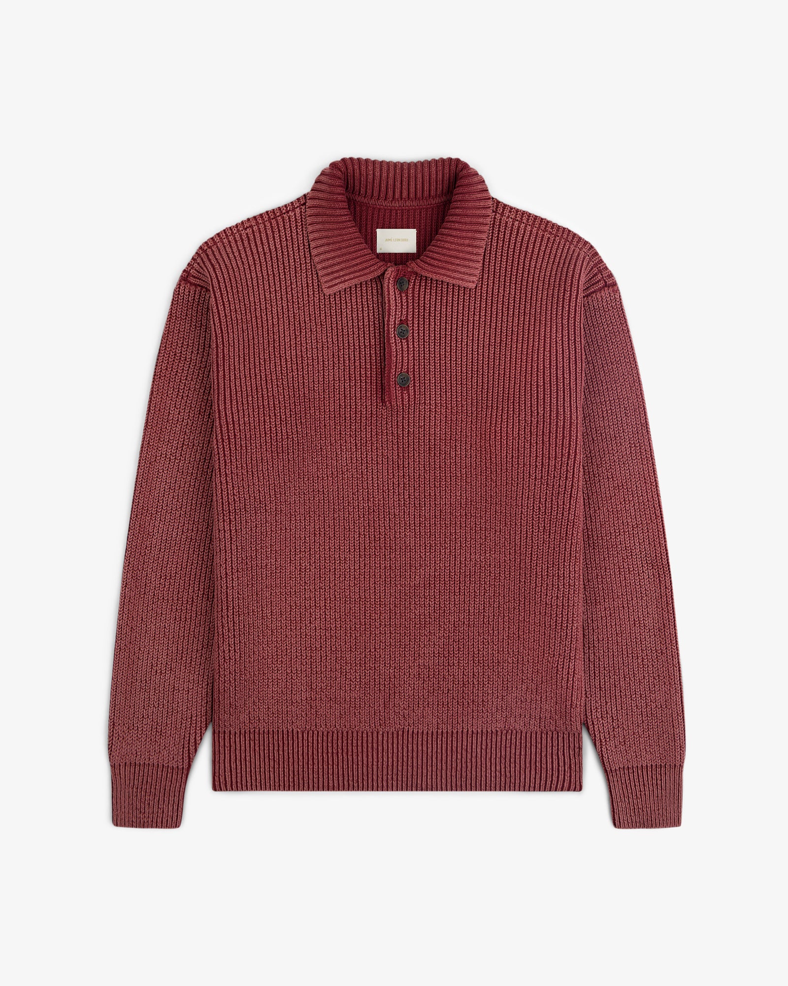 Stone Washed Knit Polo in maroon with ribbed long sleeves, collar, and three buttons, shown laid flat on white.