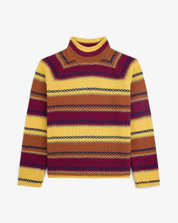 Striped Rollneck Sweater featuring yellow, burgundy, brown, and navy stripes with a mock turtleneck collar.