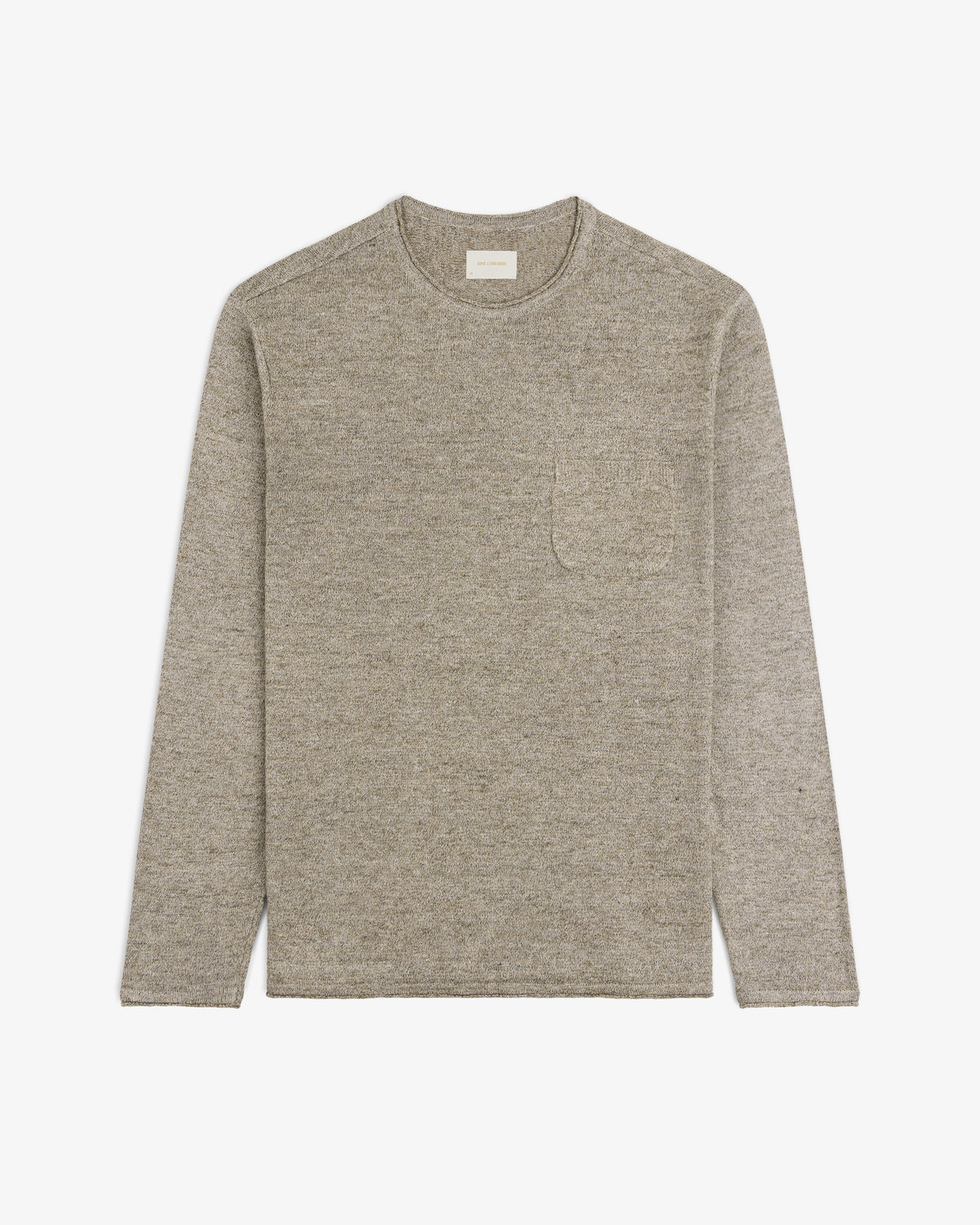 The Long-Sleeve Knit Pocket Tee in beige with a chest pocket, laid flat on a white background.