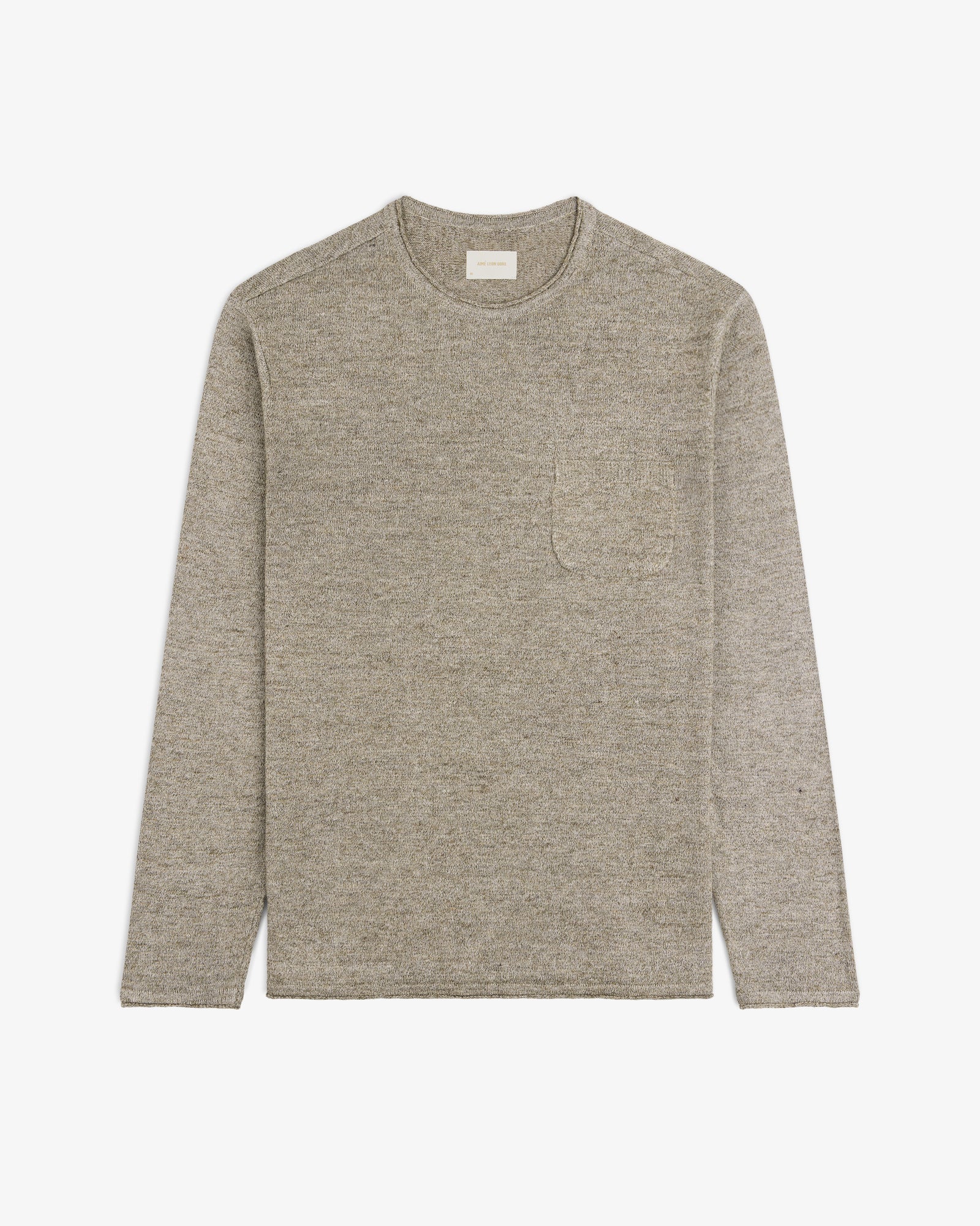 The Long-Sleeve Knit Pocket Tee in beige with a chest pocket, laid flat on a white background.