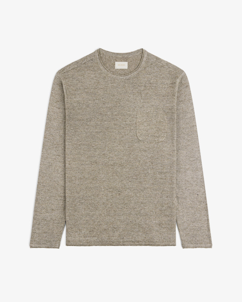 The Long-Sleeve Knit Pocket Tee in beige with a chest pocket, laid flat on a white background.