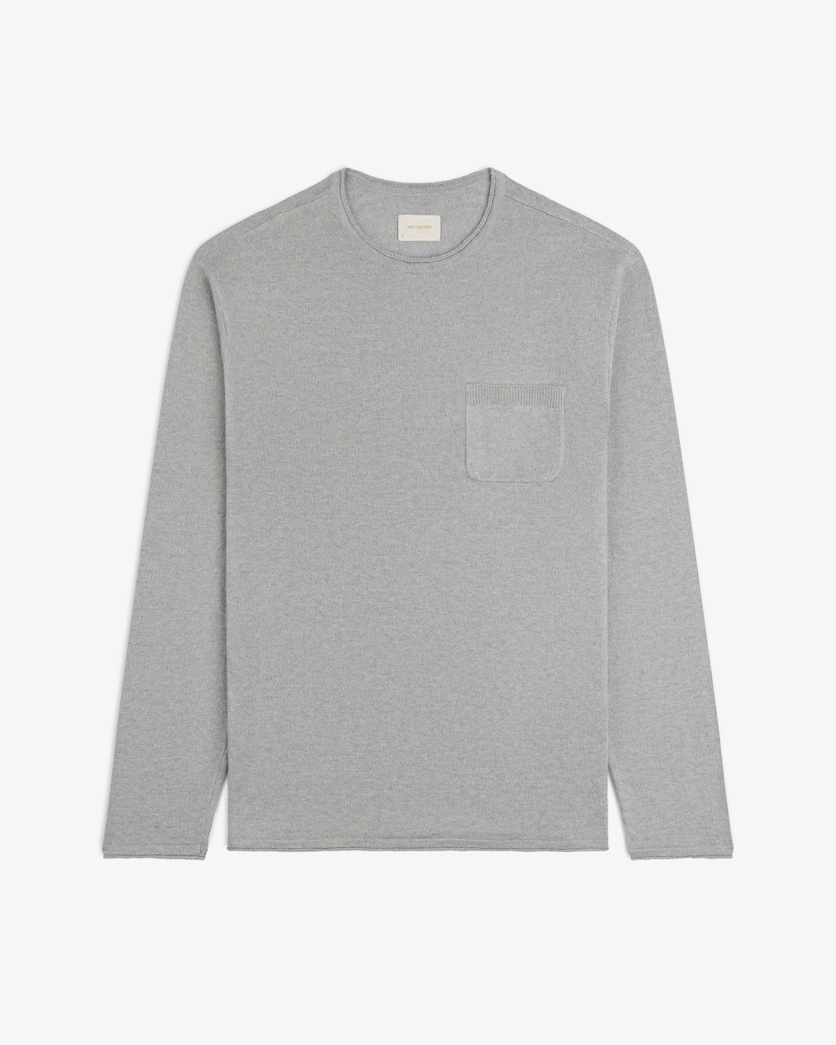 Long-Sleeve Knit Pocket Tee in light gray, crewneck with small chest pocket, displayed flat on a white background.