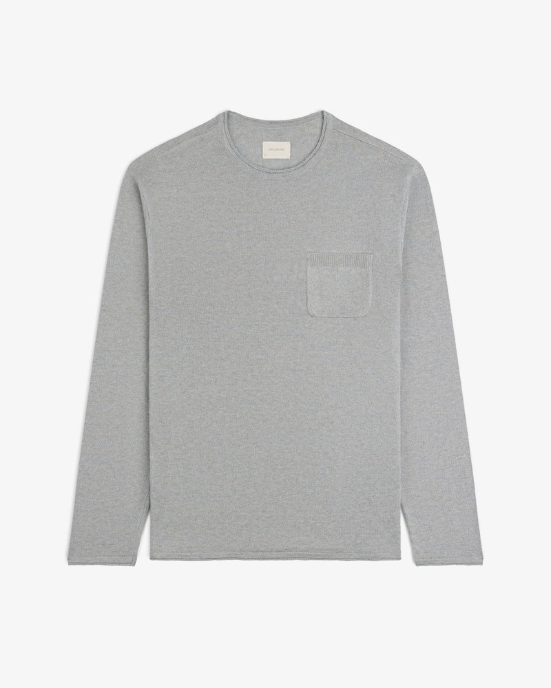 Long-Sleeve Knit Pocket Tee in light gray, crewneck with small chest pocket, displayed flat on a white background.