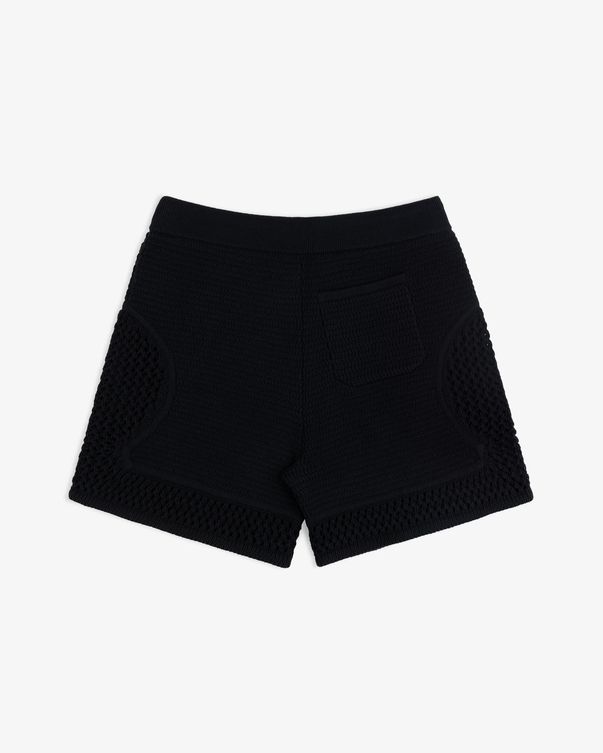 Knit Court Short in black textured knit with back pocket, shown from behind on a plain white background.