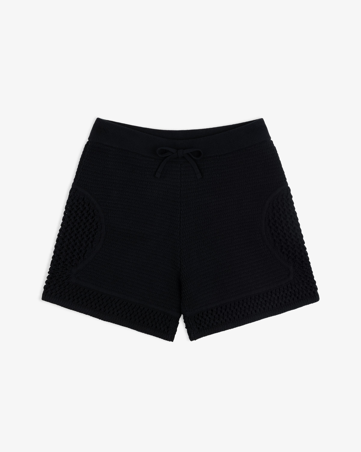 Knit Court Short in black features an elastic waistband, drawstring, and mesh side panels, shown laid flat on white.