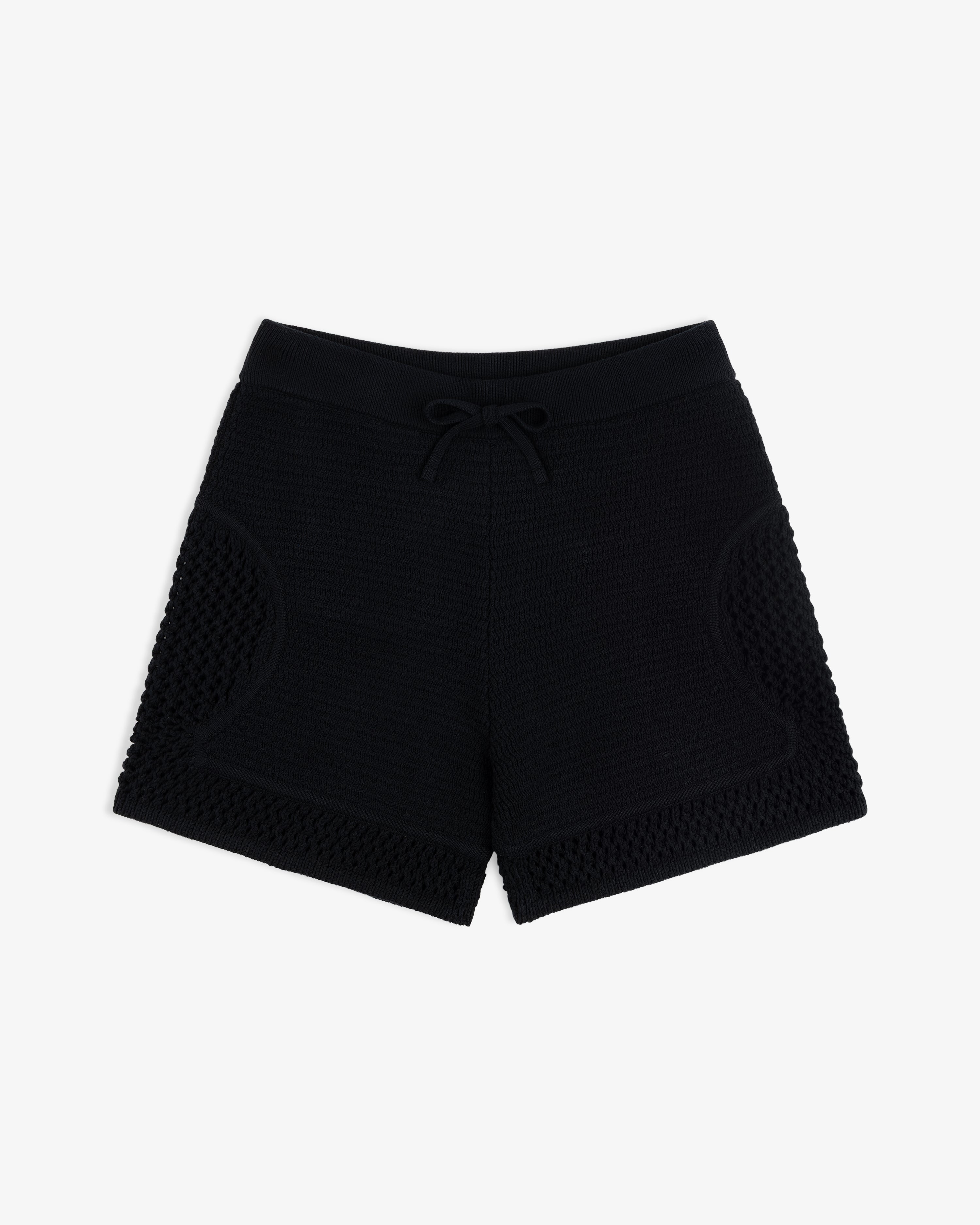 Knit Court Short in black features an elastic waistband, drawstring, and mesh side panels, shown laid flat on white.