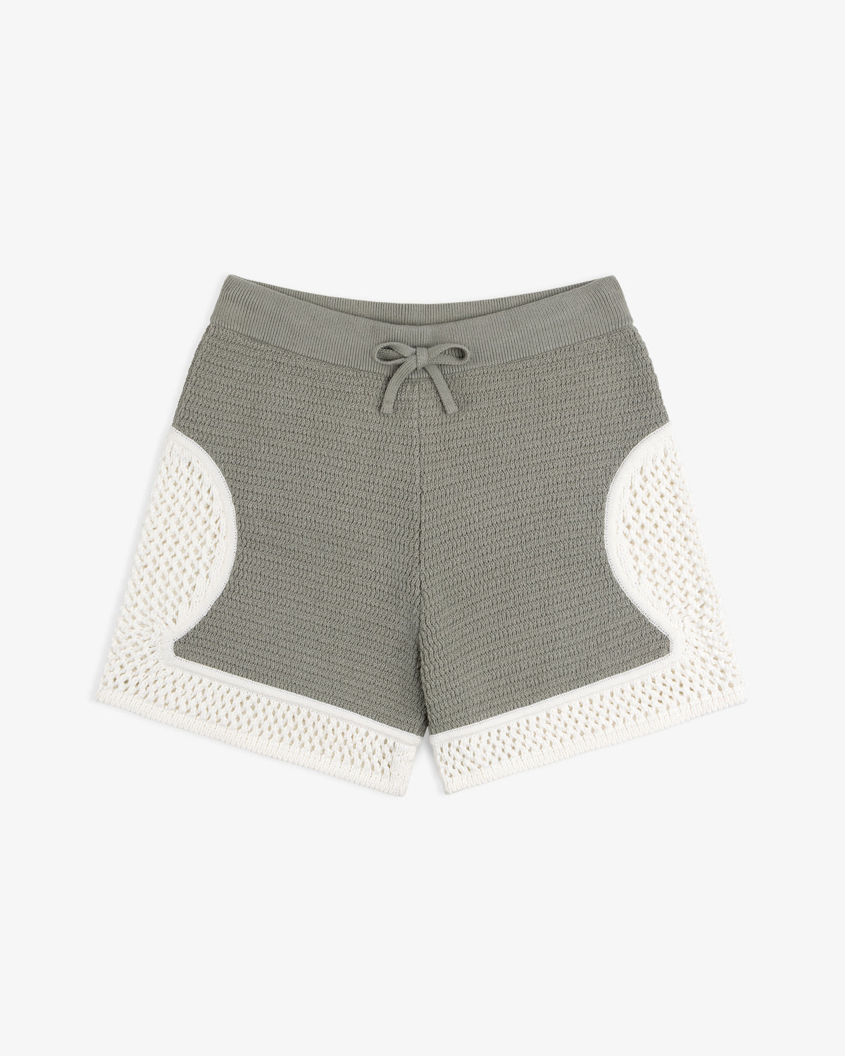 Knit Court Short: Gray textured knit with drawstring waist, white crochet panels on sides and hem, on white background.