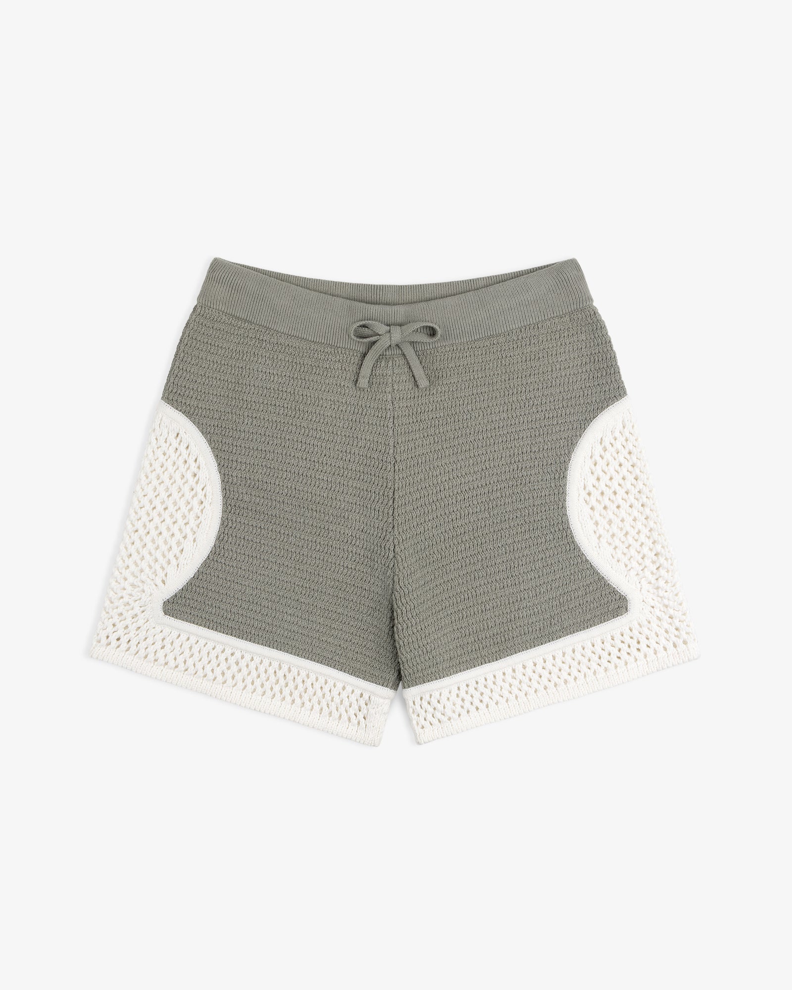 Knit Court Short: Gray textured knit with drawstring waist, white crochet panels on sides and hem, on white background.