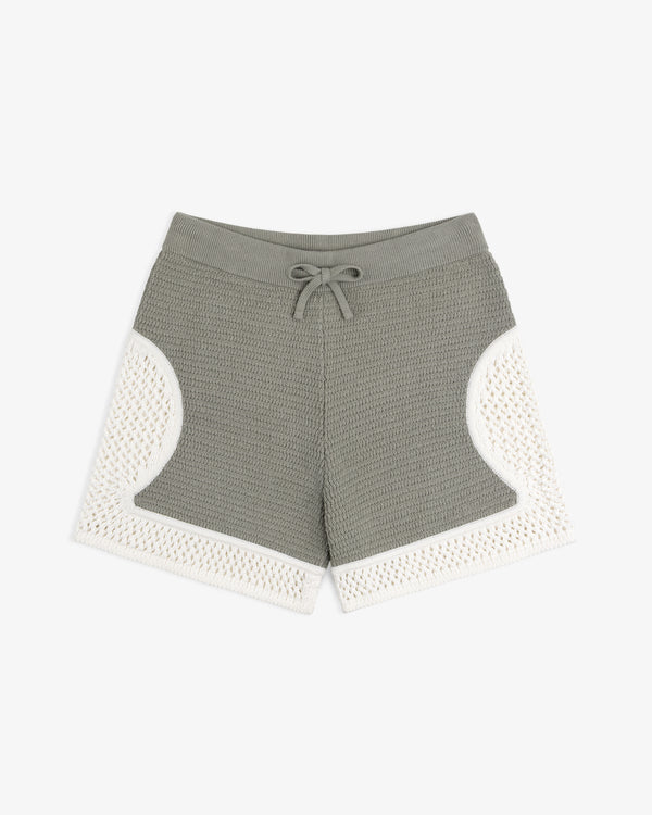 Knit Court Short: Gray textured knit with drawstring waist, white crochet panels on sides and hem, on white background.