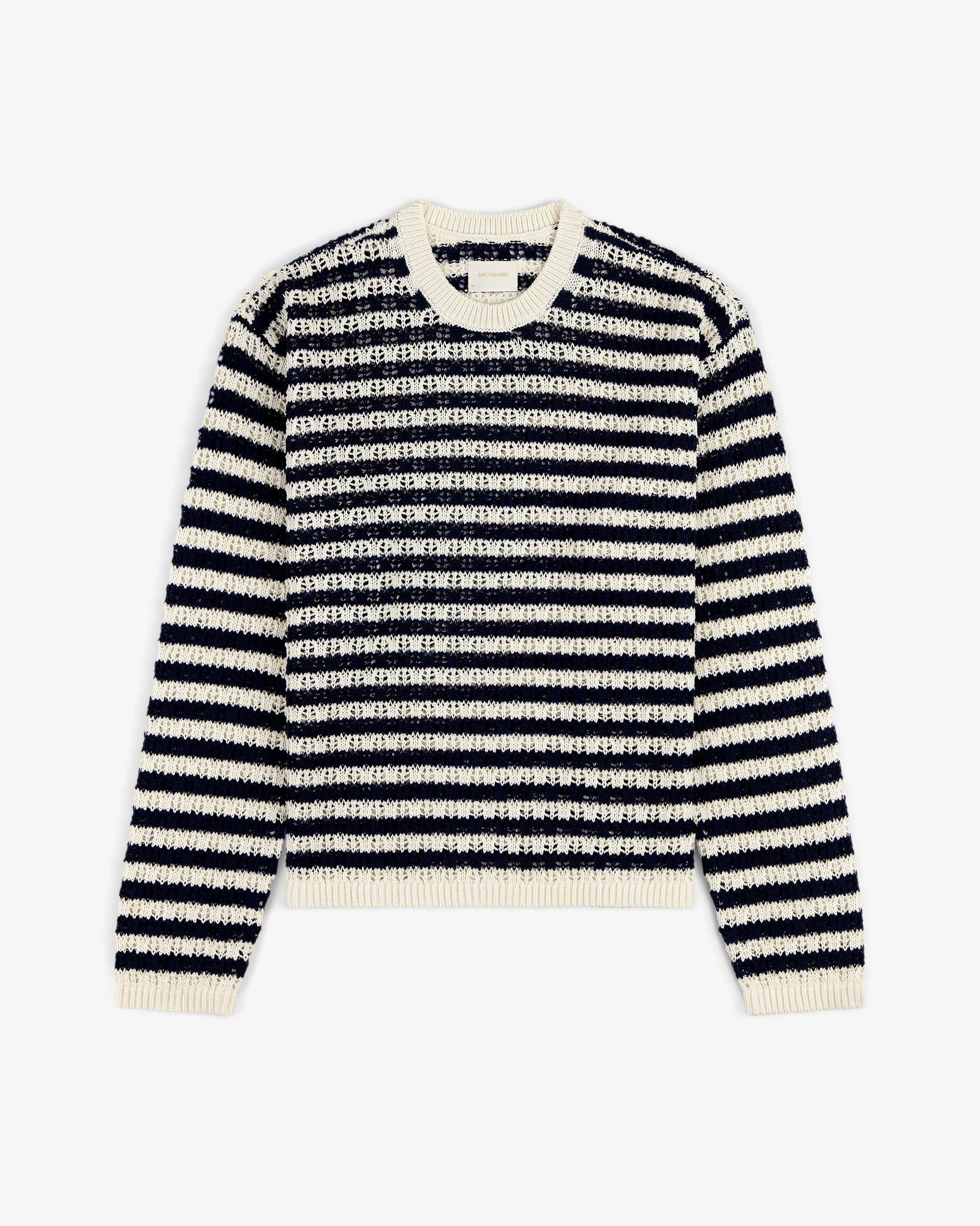 Skáfos Sweater in navy blue and white stripes with crew neckline, ribbed cuffs and hem, laid flat on white background.