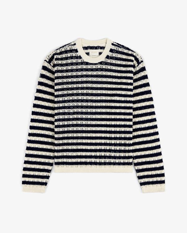 Skáfos Sweater in navy blue and white stripes with crew neckline, ribbed cuffs and hem, laid flat on white background.