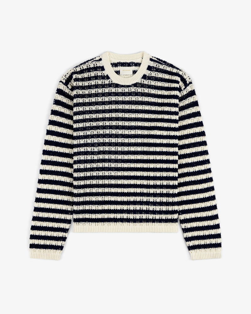 Skáfos Sweater in navy blue and white stripes with crew neckline, ribbed cuffs and hem, laid flat on white background.