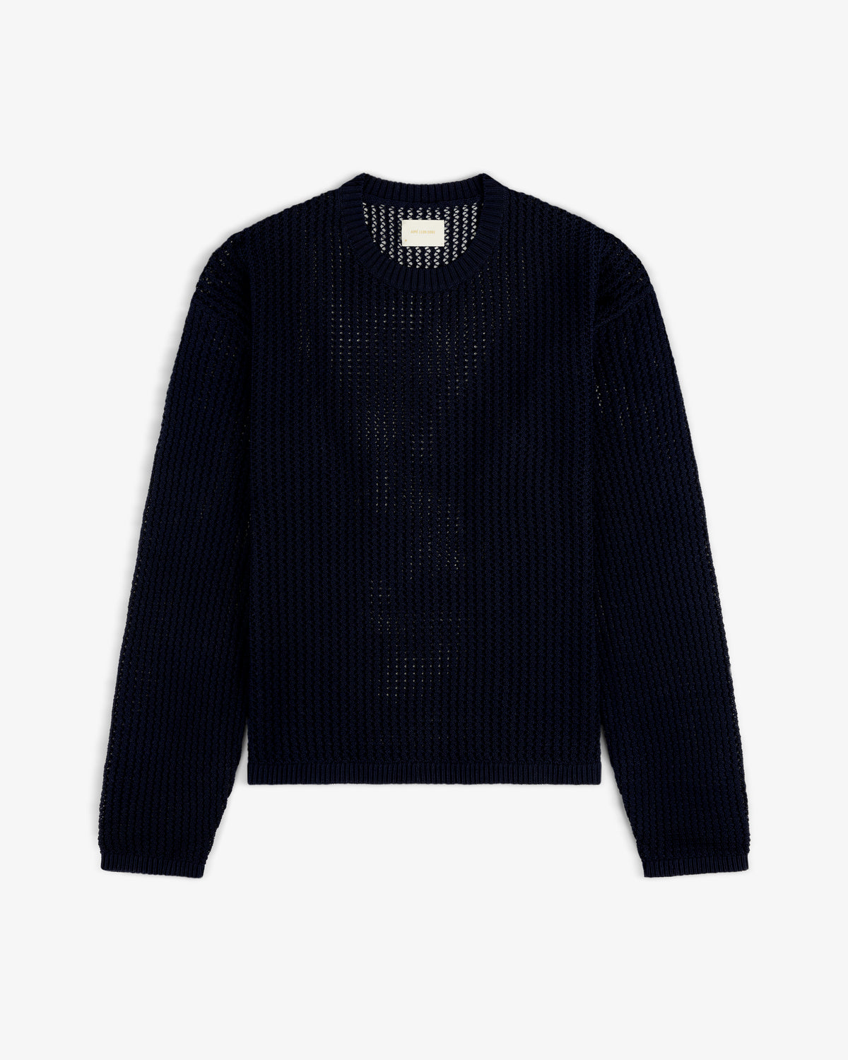 Navy Cotton Eyelet Crewneck Sweater with long sleeves, laid flat on a white background.