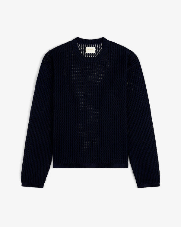 Navy Cotton Eyelet Crewneck Sweater with long sleeves, laid flat on a white background.
