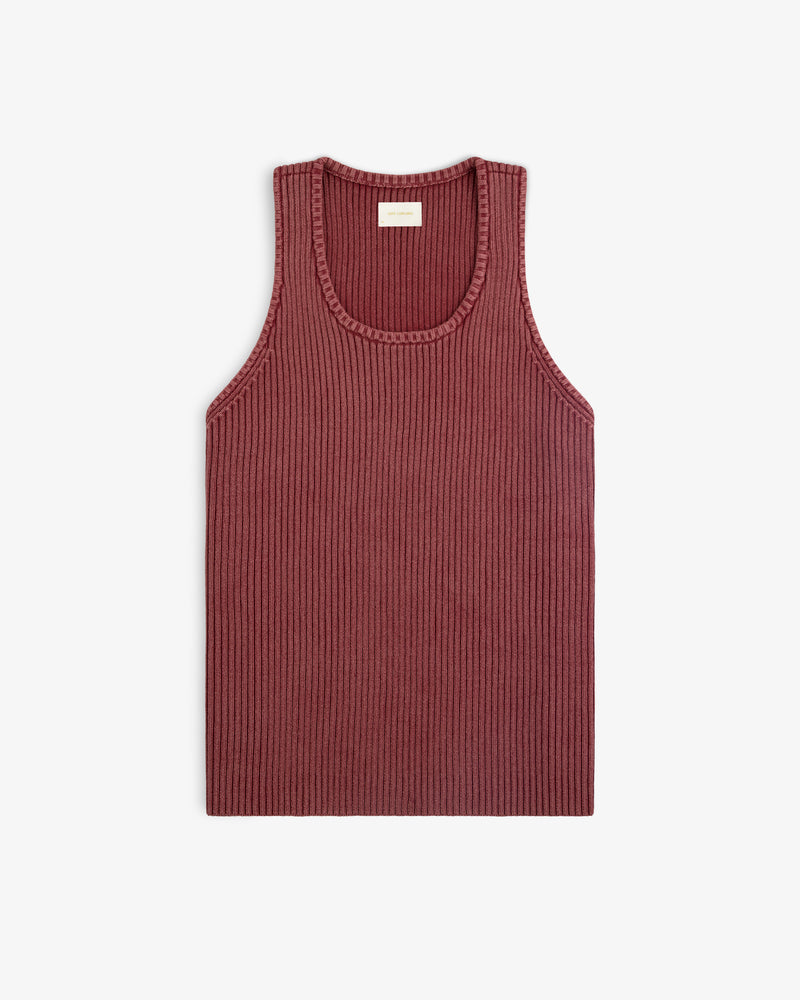Stone Washed Knit Tank Top in maroon, sleeveless and ribbed, displayed flat on a white background.