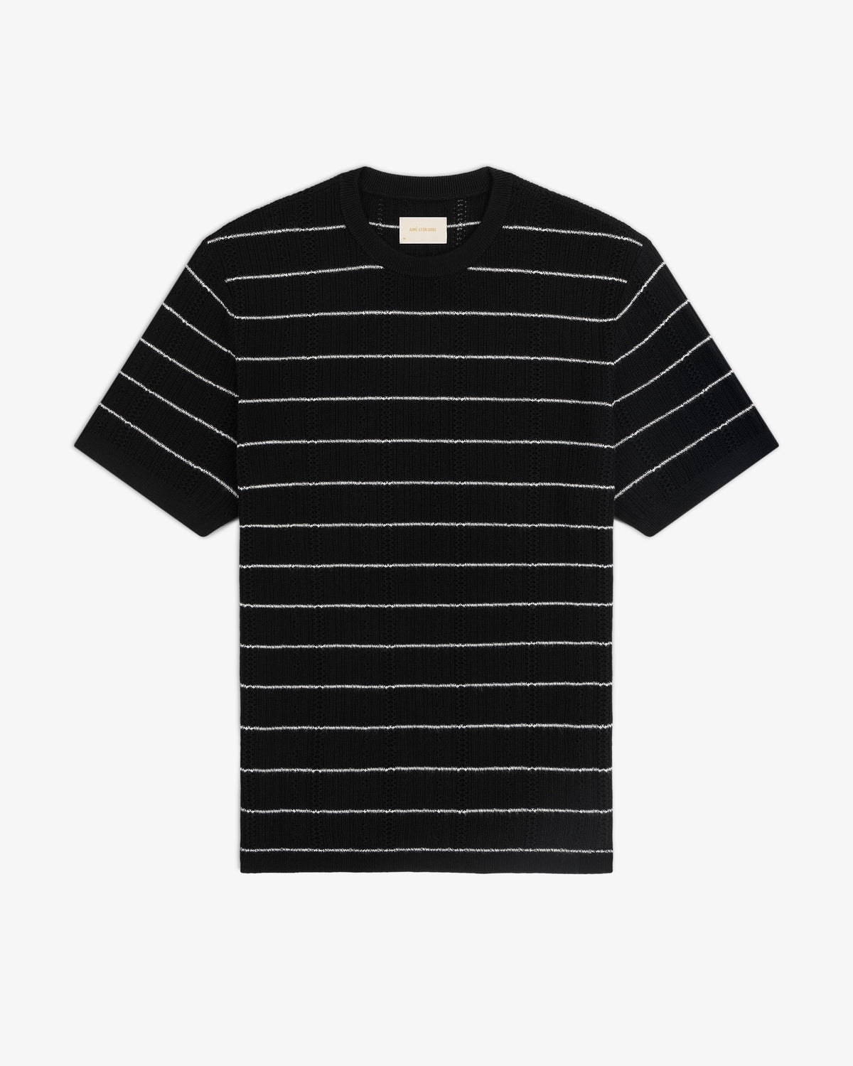 Merino Wool Eyelet Tee in black with thin white stripes, short sleeves, shown on a white background.