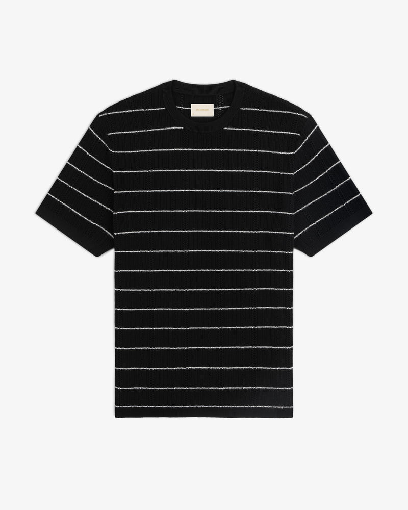 Merino Wool Eyelet Tee in black with thin white stripes, short sleeves, shown on a white background.