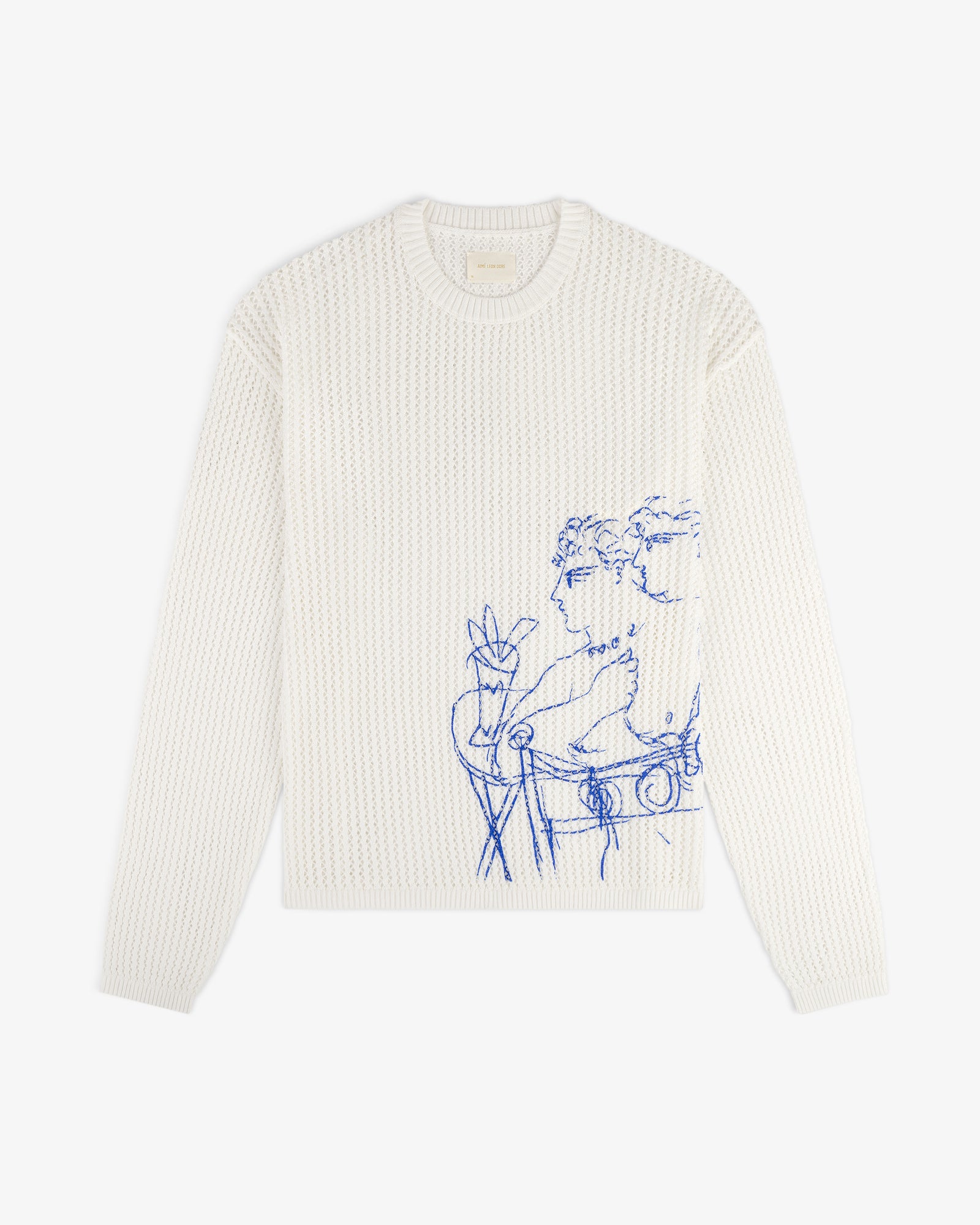 Fassianos "Rendez-Vous" crewneck sweater features blue line art of two figures and a plant on white knit.