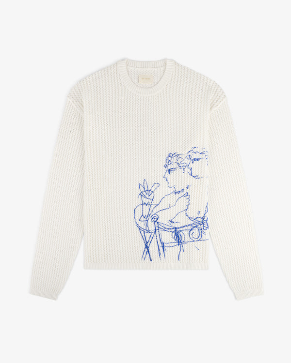 Fassianos "Rendez-Vous" crewneck sweater features blue line art of two figures and a plant on white knit.