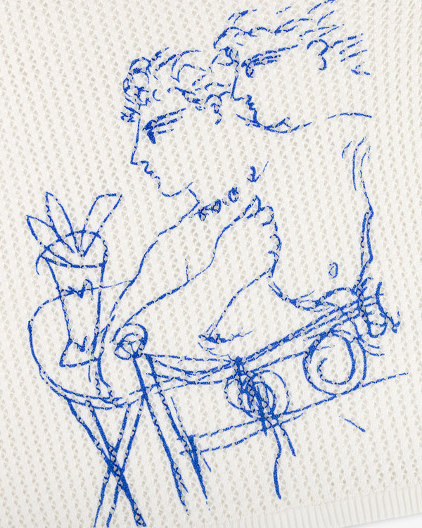 Blue line drawing of a classical figure on white fabric—Fassianos "Rendez-Vous" Crewneck Sweater.