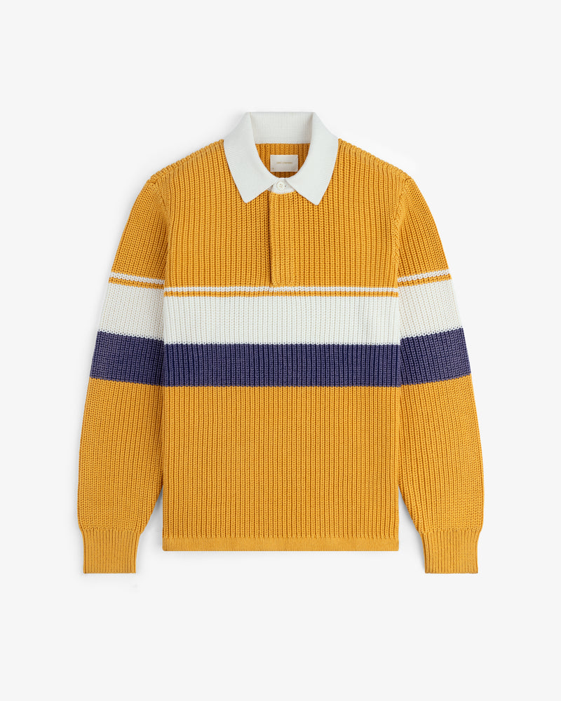 Striped Knit Rugby: yellow knit long-sleeve polo with white/navy chest stripes and a white collar.