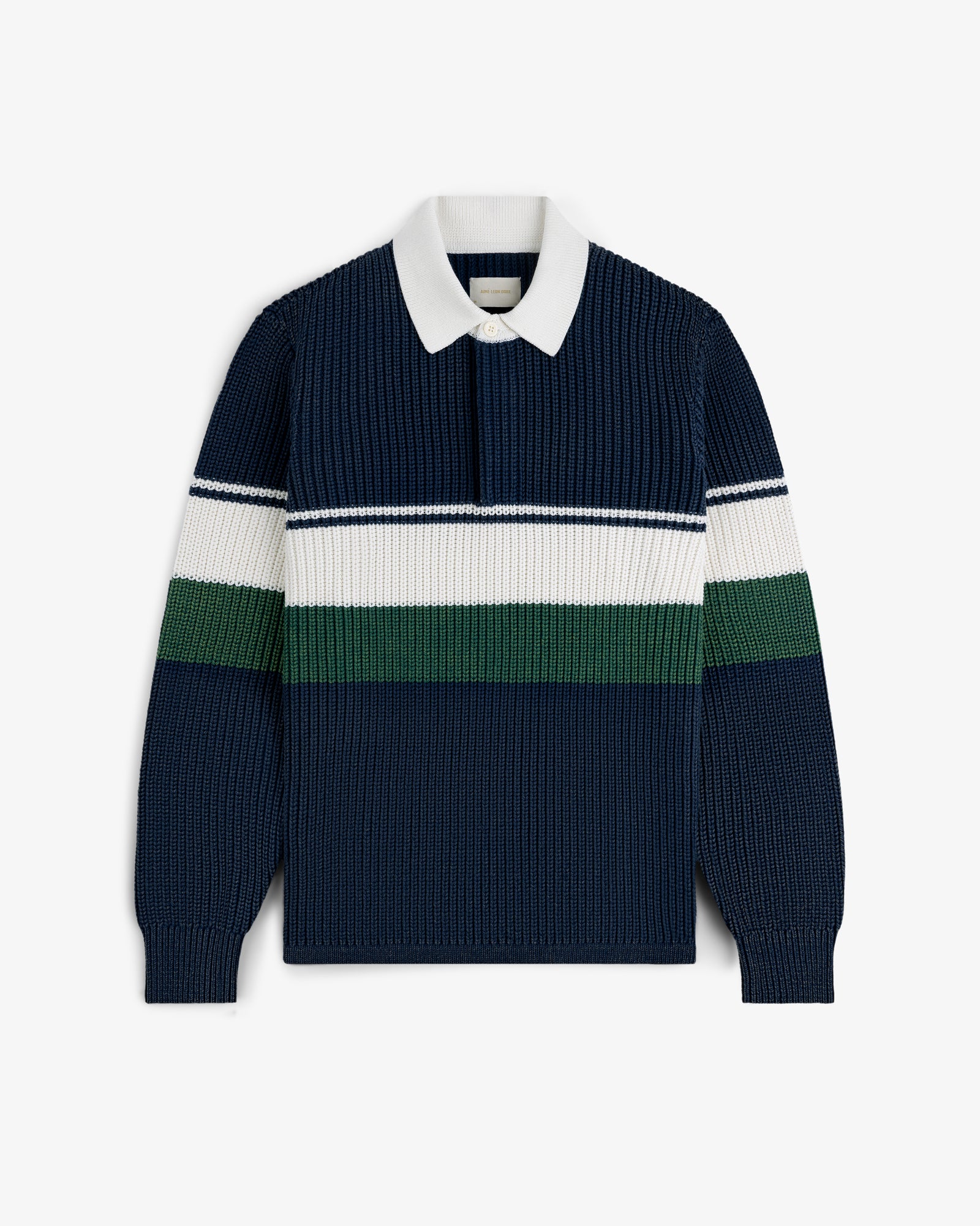 Striped Knit Rugby with navy, white, and green stripes plus a white collar and long sleeves.