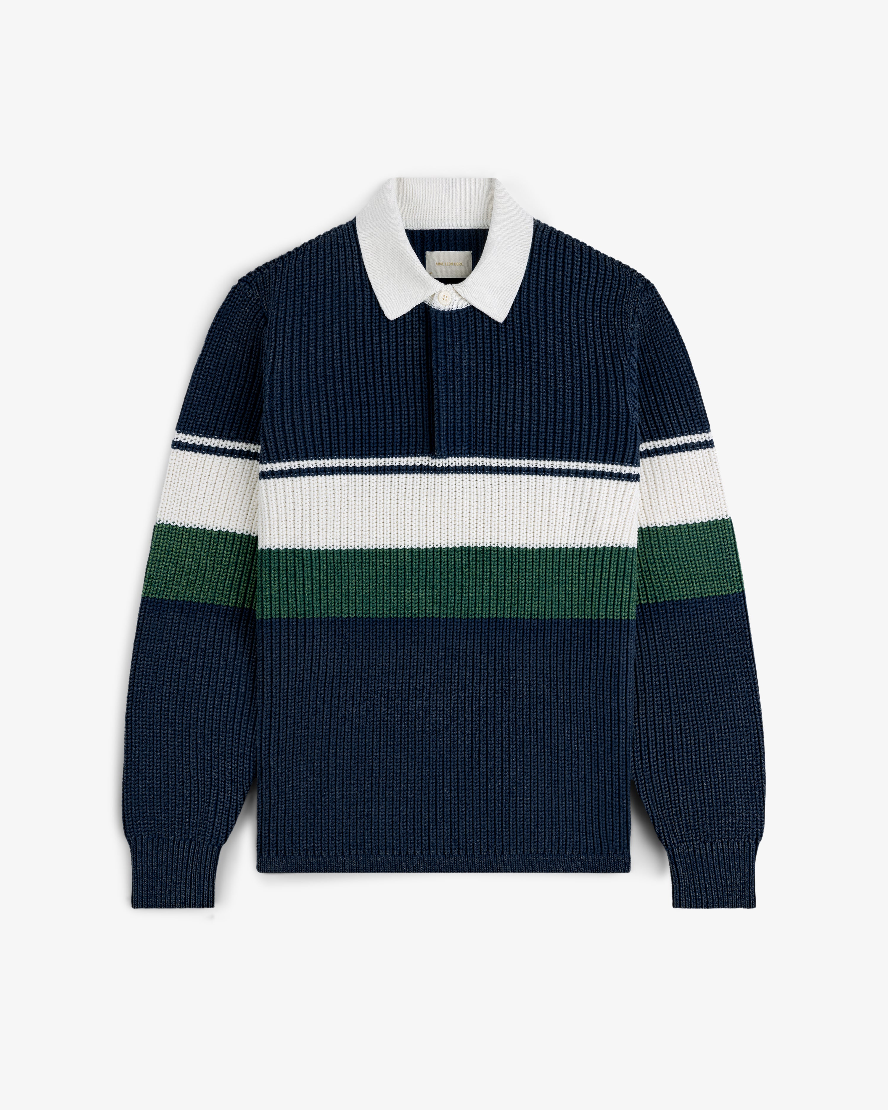 Striped Knit Rugby with navy, white, and green stripes plus a white collar and long sleeves.