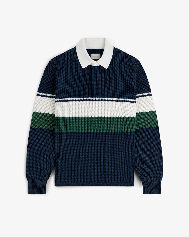 Striped Knit Rugby with navy, white, and green stripes plus a white collar and long sleeves.