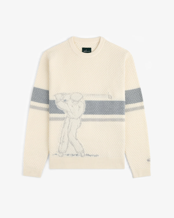 ALD Golf Clubhouse Sweater: Cream knit with gray stripes and a subtle golfer outline on the front.