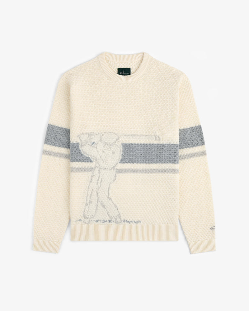 ALD Golf Clubhouse Sweater: Cream knit with gray stripes and a subtle golfer outline on the front.