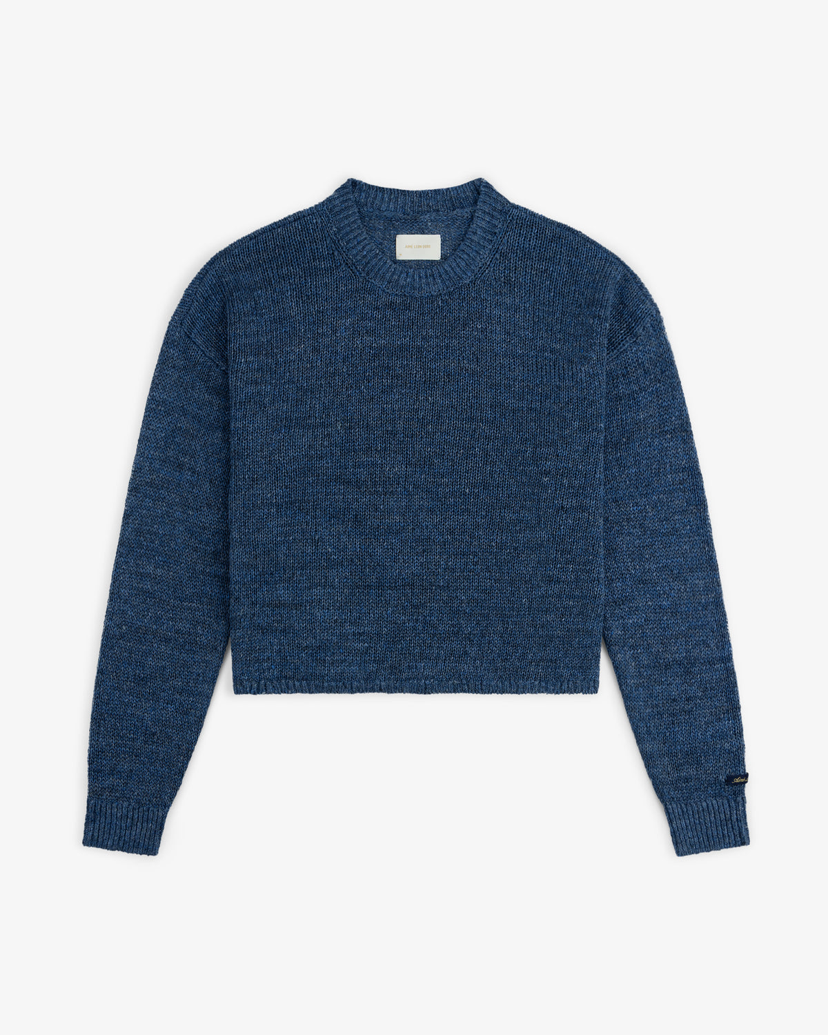 Linen Knit Crewneck Sweater in blue with long sleeves and ribbed cuffs, shown flat on a white background.