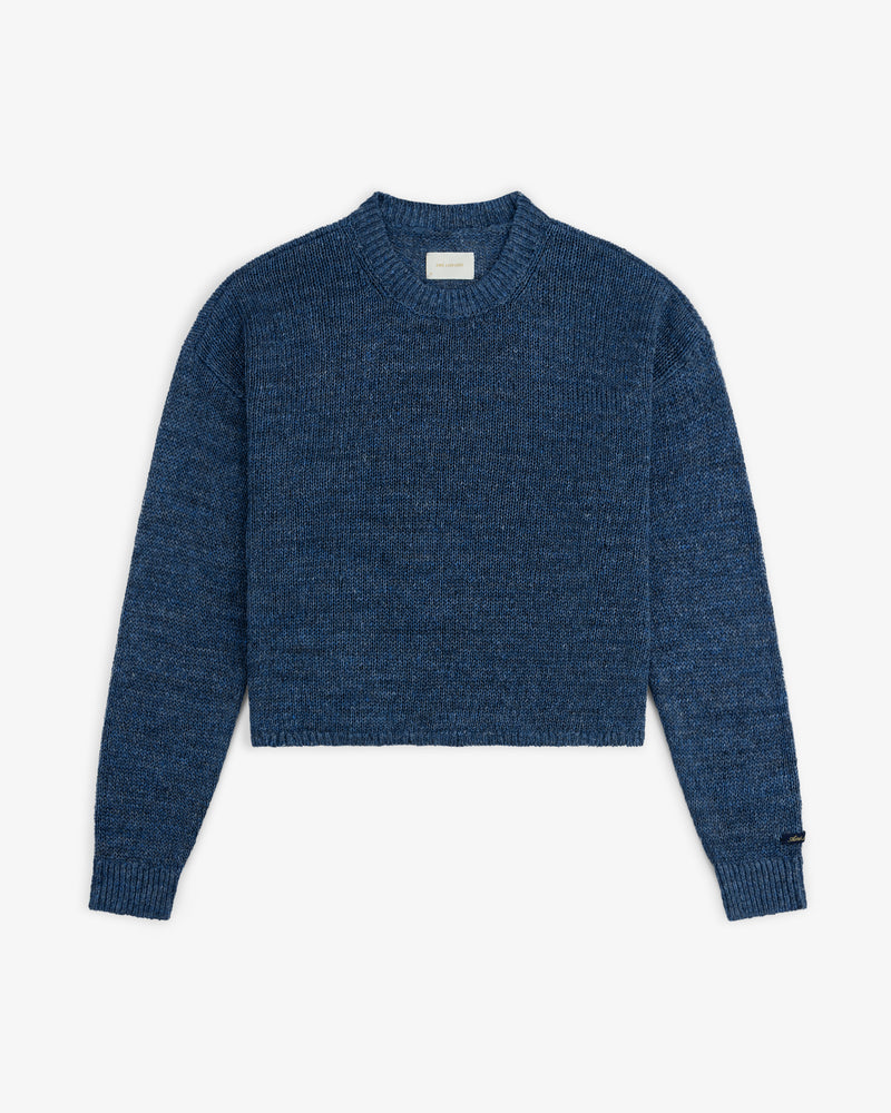 Linen Knit Crewneck Sweater in blue with long sleeves and ribbed cuffs, shown flat on a white background.