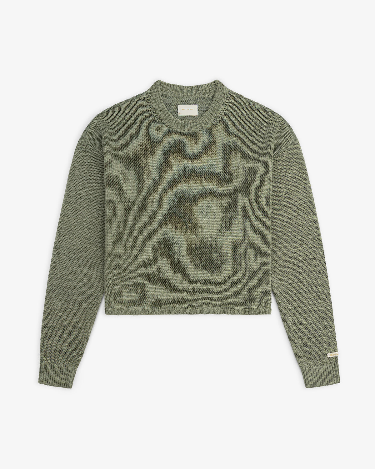 Olive green Linen Knit Crewneck Sweater with long sleeves, ribbed cuffs and hem, and a small left sleeve label.