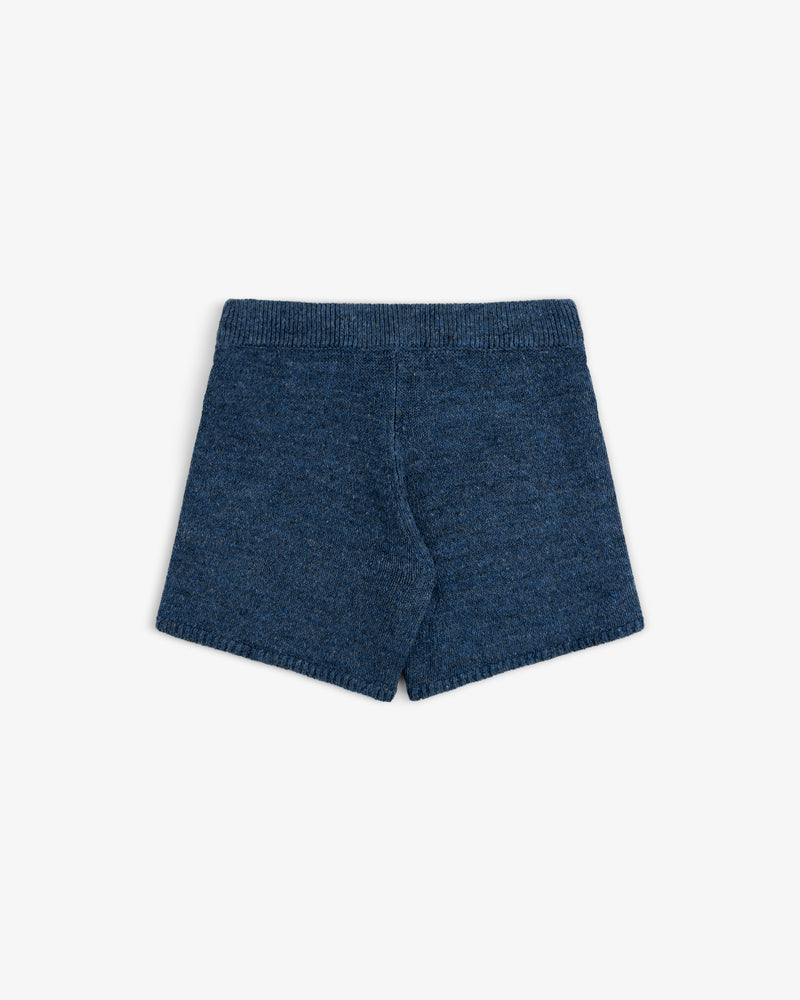 Linen Knit Drawstring Short shown from the back, featuring an elastic waistband against a white background.