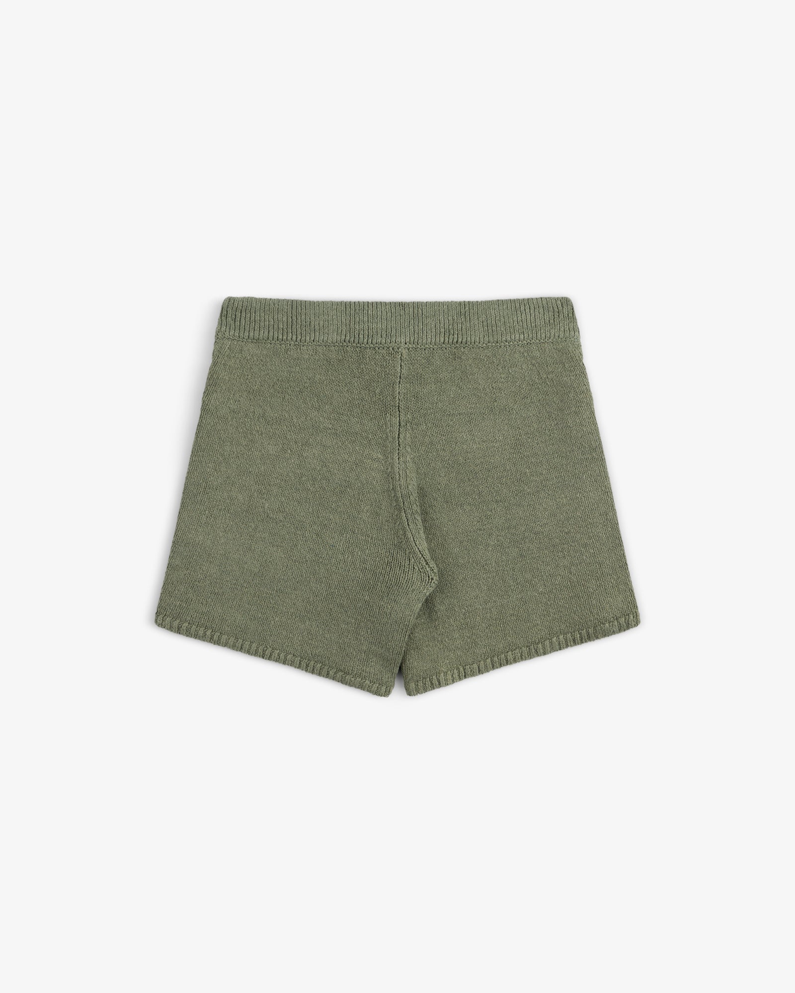 Olive green Linen Knit Drawstring Shorts with an elastic waistband, shown flat on a white background.