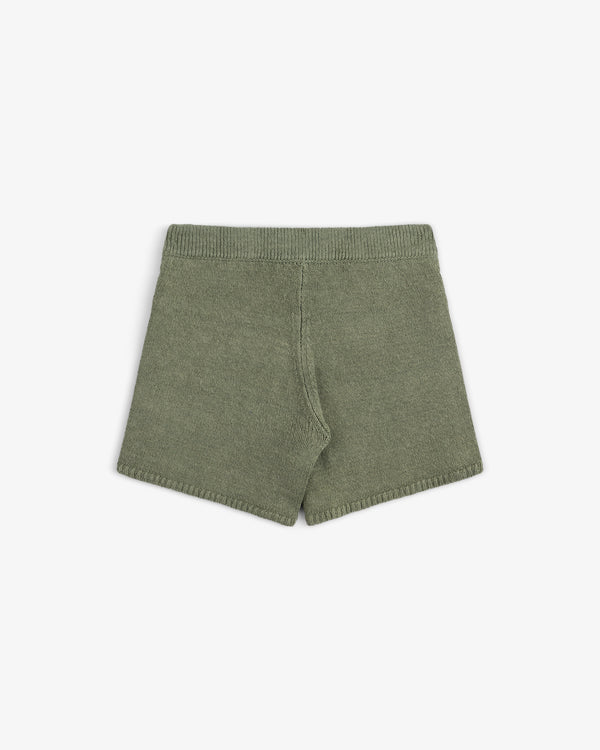 Olive green Linen Knit Drawstring Shorts with an elastic waistband, shown flat on a white background.