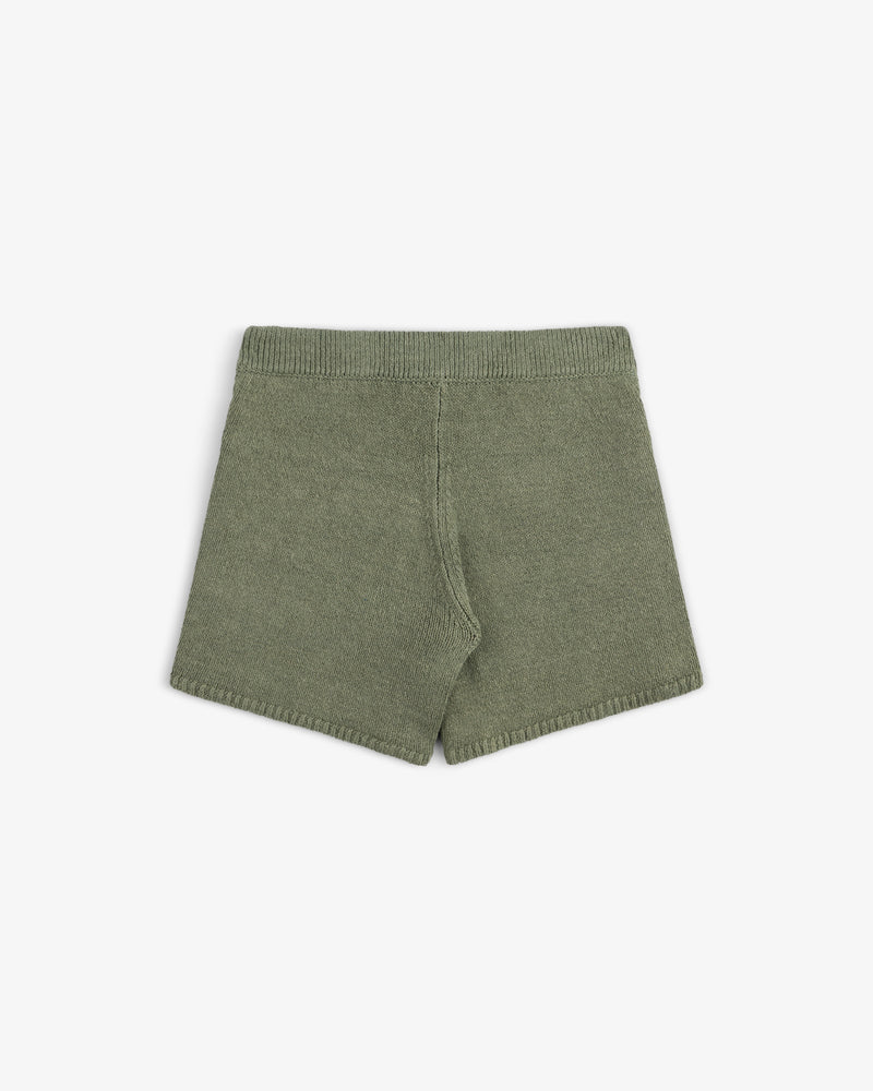 Olive green Linen Knit Drawstring Shorts with an elastic waistband, shown flat on a white background.