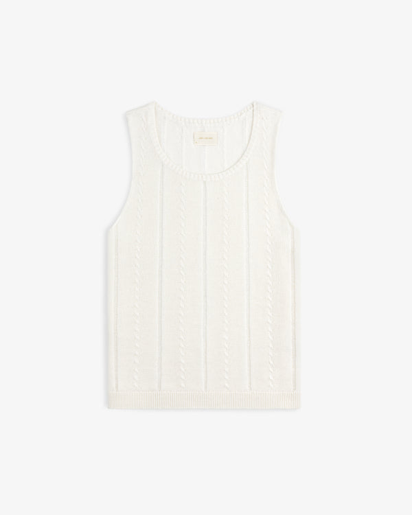 Pointelle Tank Top in white with cable-knit design and ribbed hem, shown flat on a white background.
