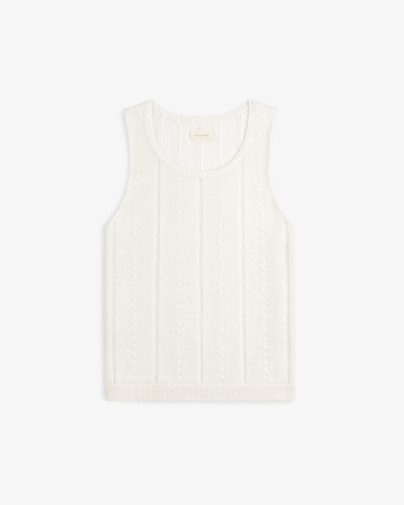 Pointelle Tank Top in white with cable-knit design and ribbed hem, shown flat on a white background.