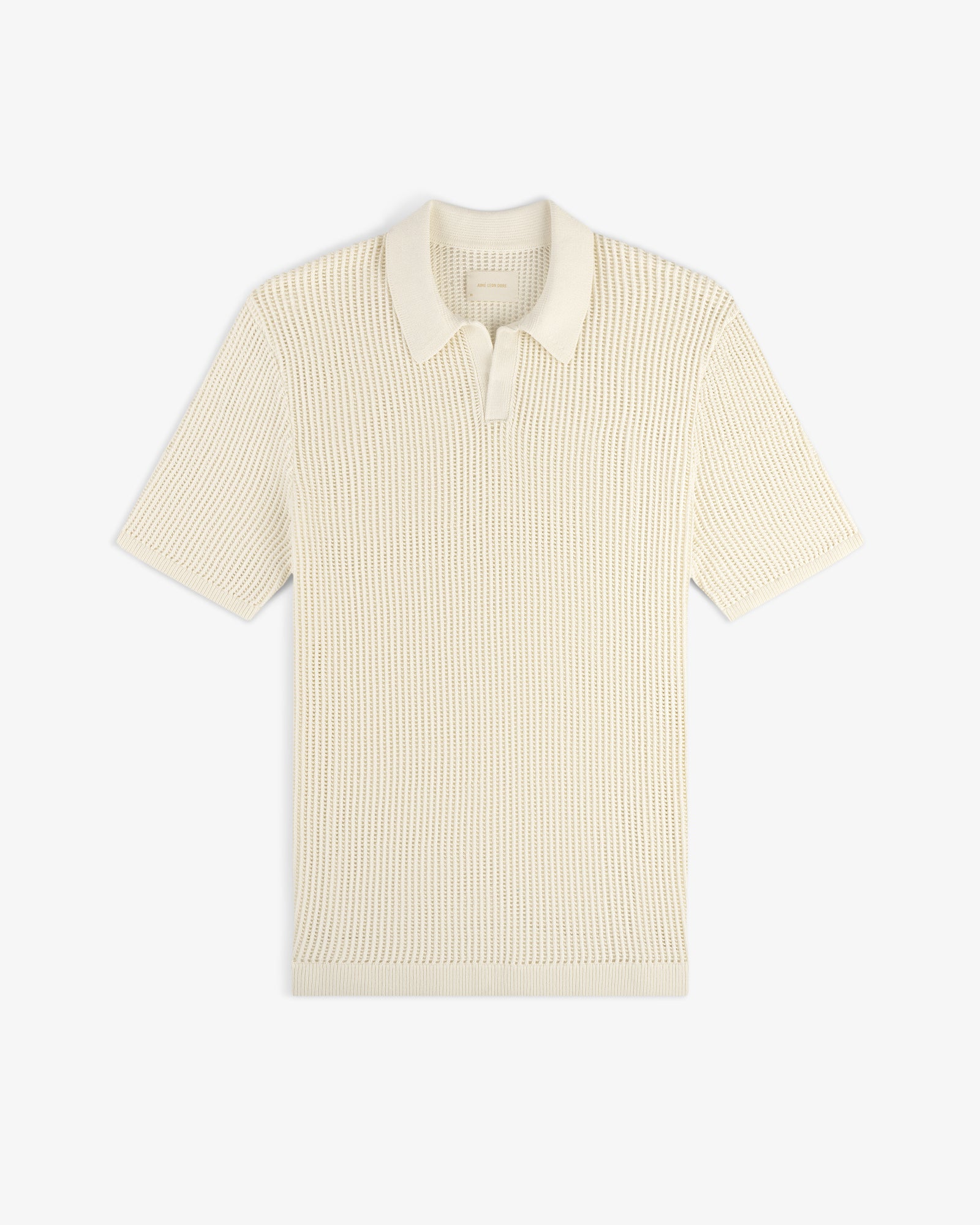 Cream-colored Mesh Knit Polo with short sleeves, ribbed texture, and classic collar laid flat on a white background.