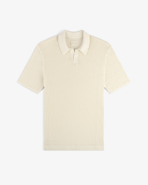 Cream-colored Mesh Knit Polo with short sleeves, ribbed texture, and classic collar laid flat on a white background.