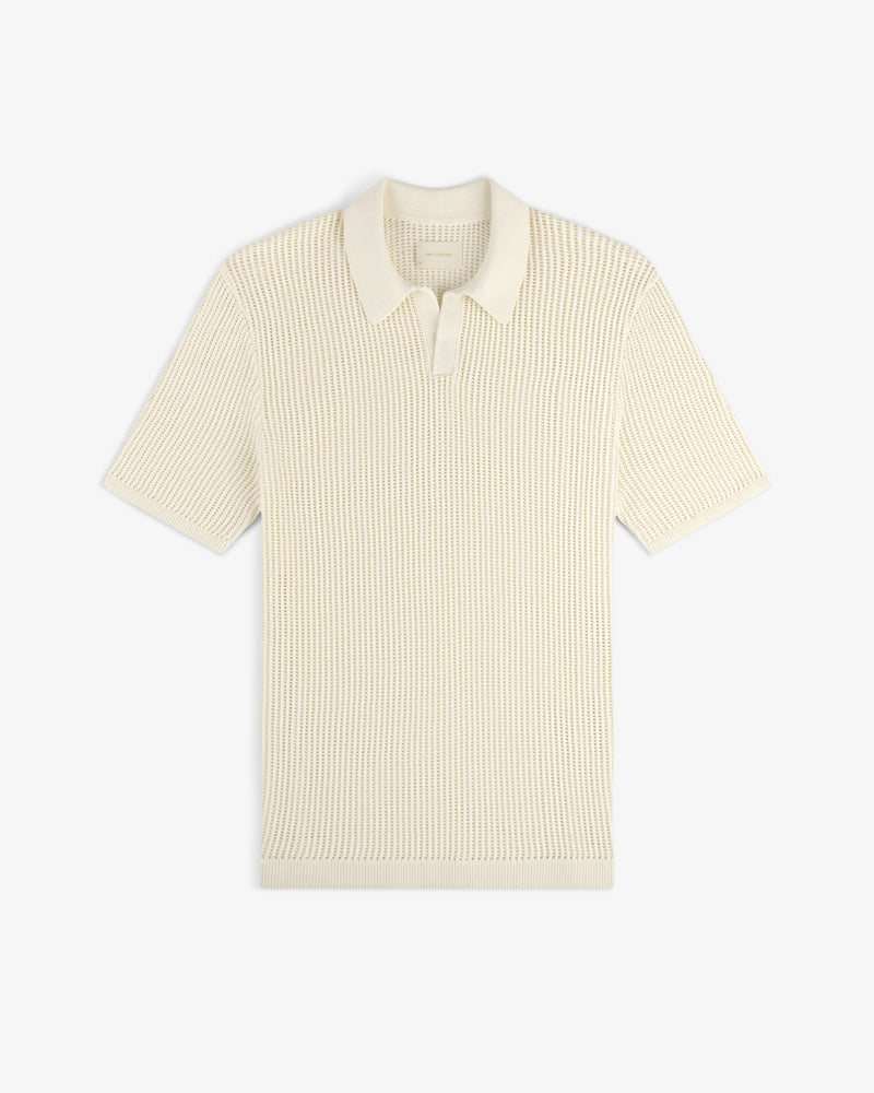 Cream-colored Mesh Knit Polo with short sleeves, ribbed texture, and classic collar laid flat on a white background.