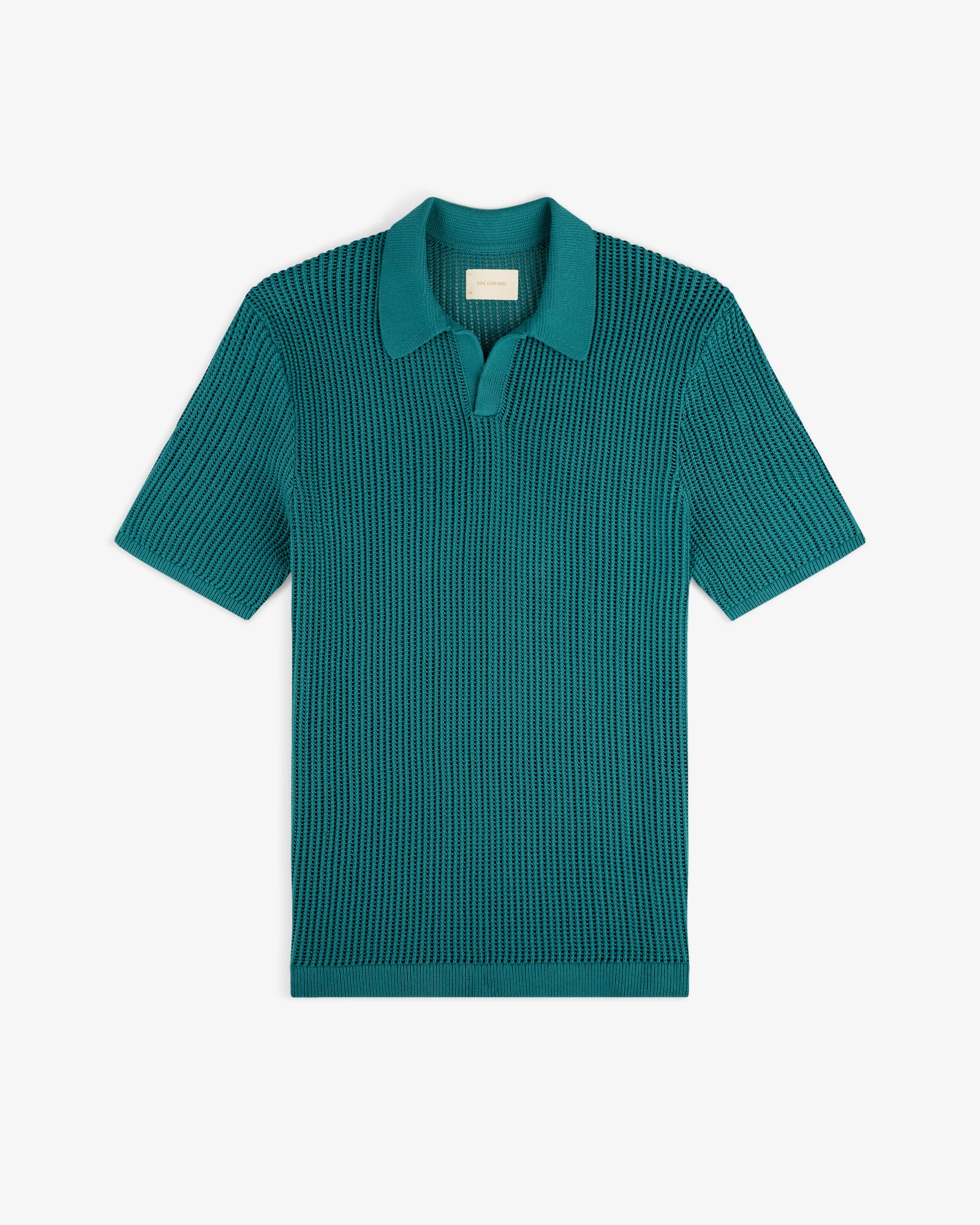 Mesh Knit Polo in teal with short sleeves, textured pattern, collar, and open placket on a white background.